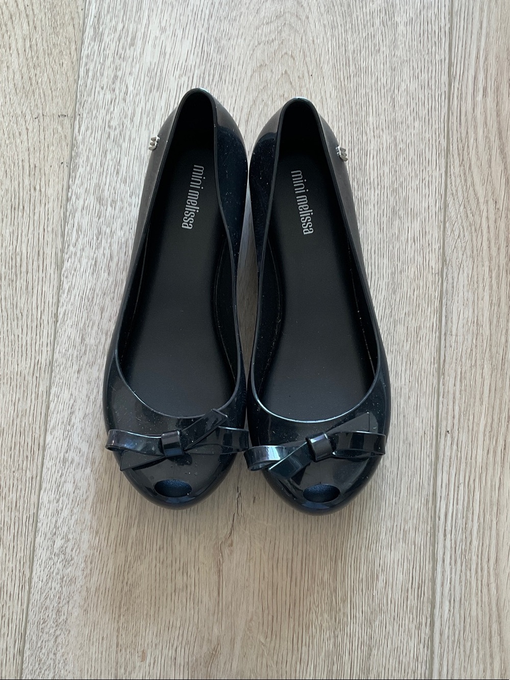 Mini Melissa Black Sparkle Bow Peep-Toe Flats